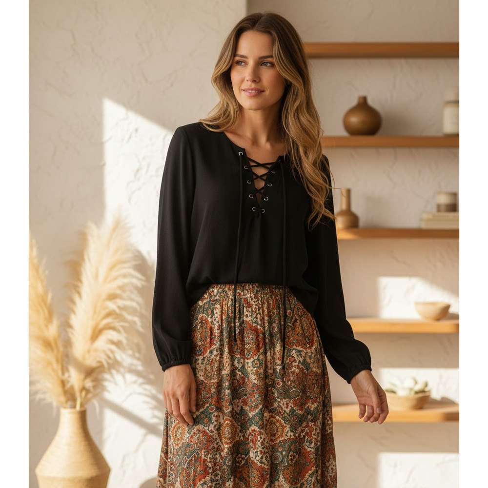 Belle Du Jour M Top Lace Up‎ Black Long Sleeve Boho Gothic Punk Whimsigoth Indie